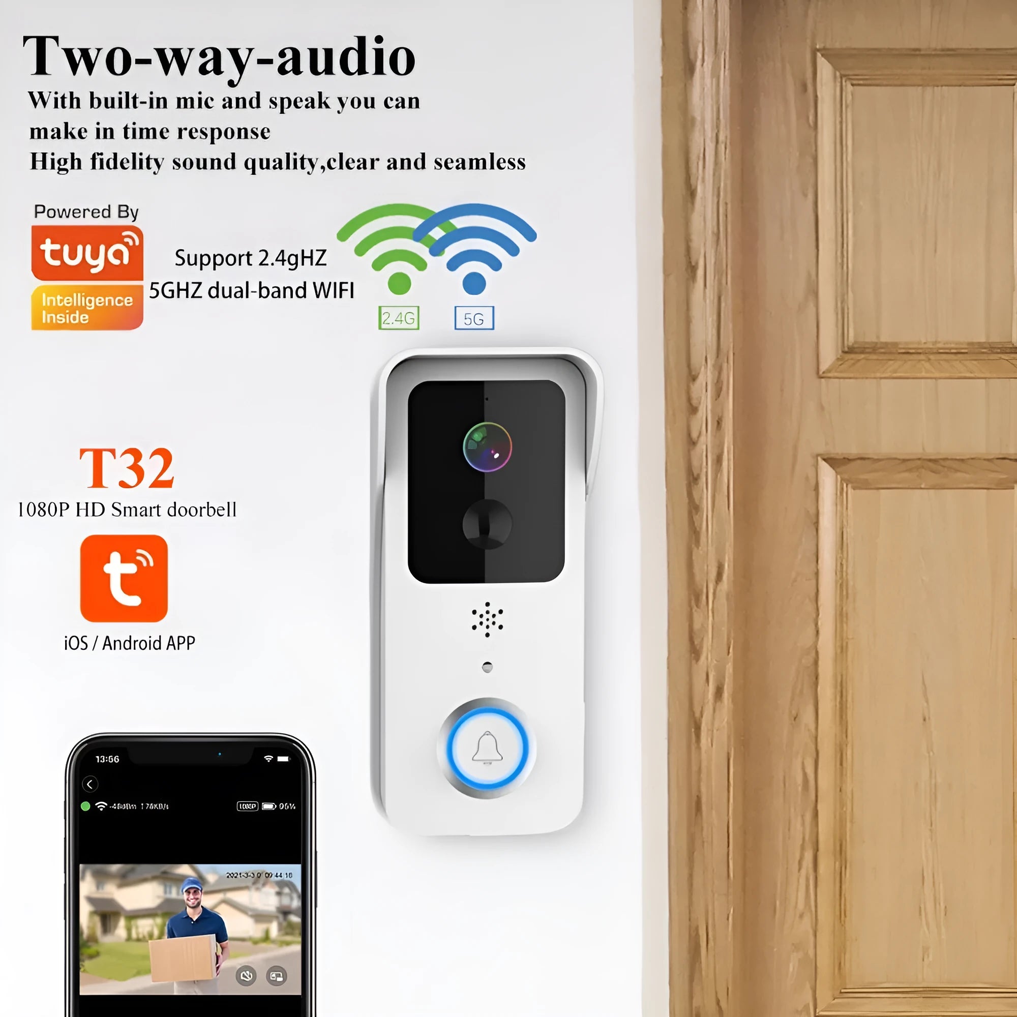 Black or white waterproof visual doorbell with HD camera lens and smart home security features
