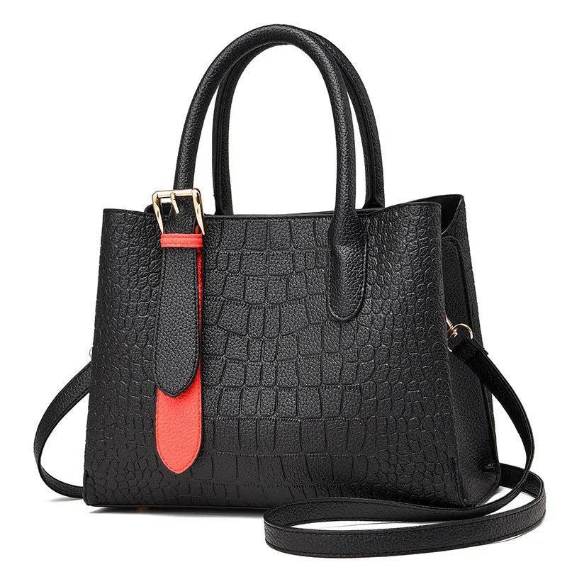Urban simple shoulder messenger bag for women with crocodile pattern, square vertical shape, black PU leather, multiple compartments