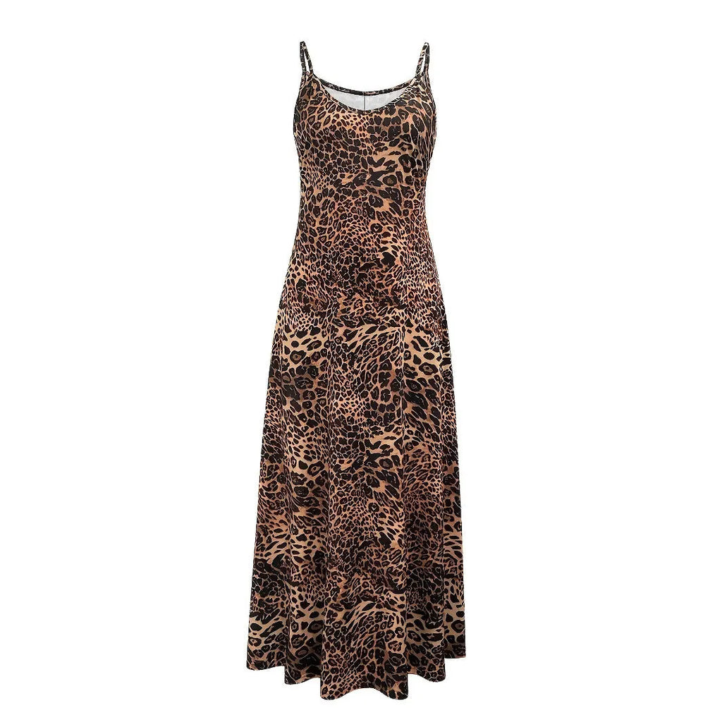 Dark brown leopard print sleeveless dress with round neck and shoulder strap detail