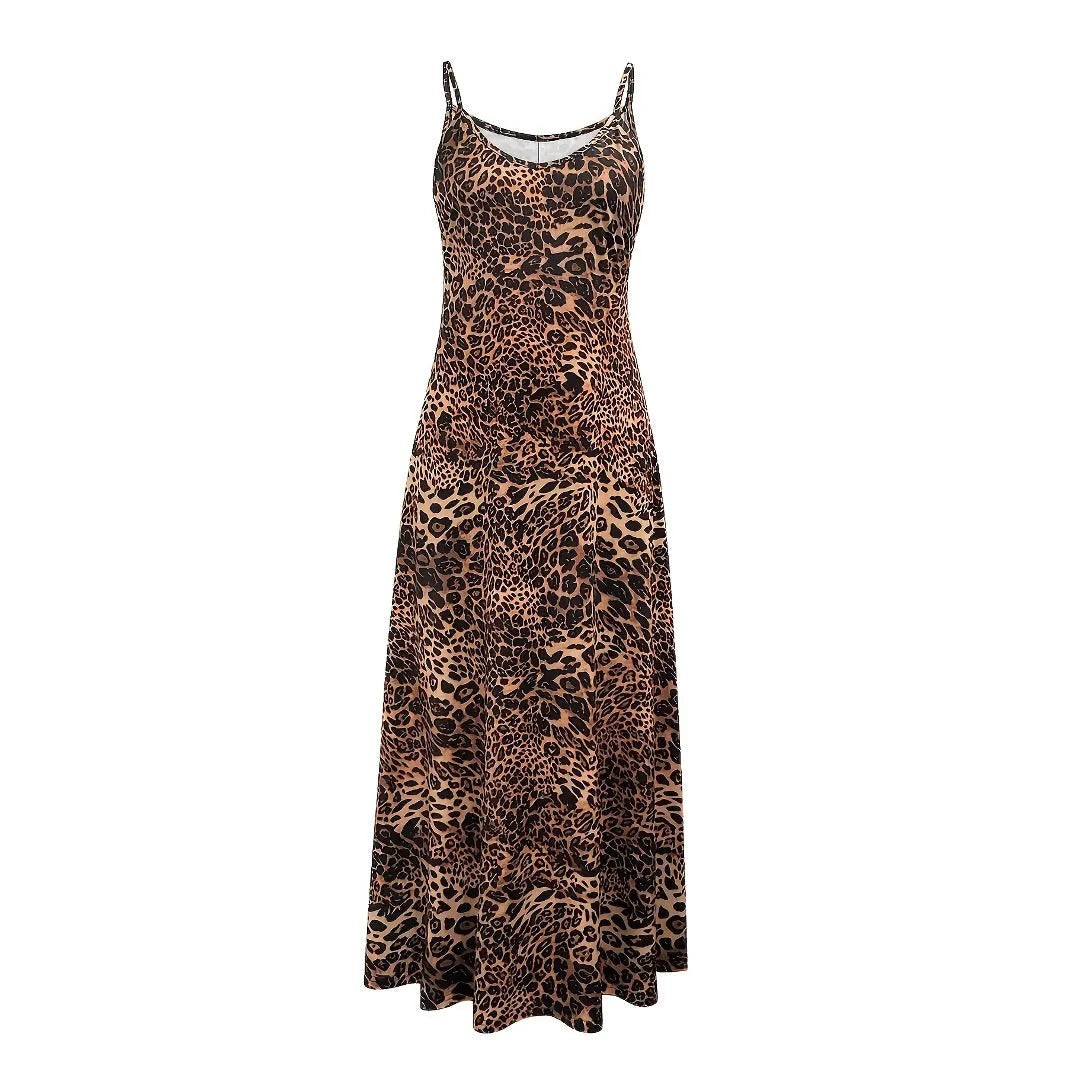 Dark brown leopard print sleeveless dress with round neck and shoulder strap detail