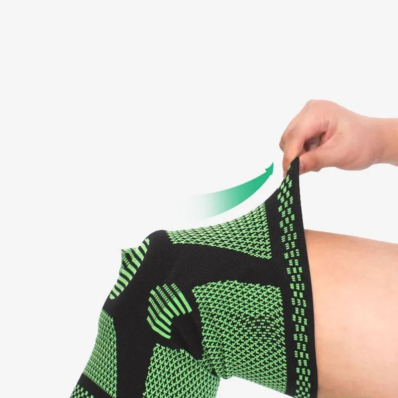 Sports fitness silicone spring knee pads in green, blue, orange, and white colours showing polyamide construction and knee support mechanism