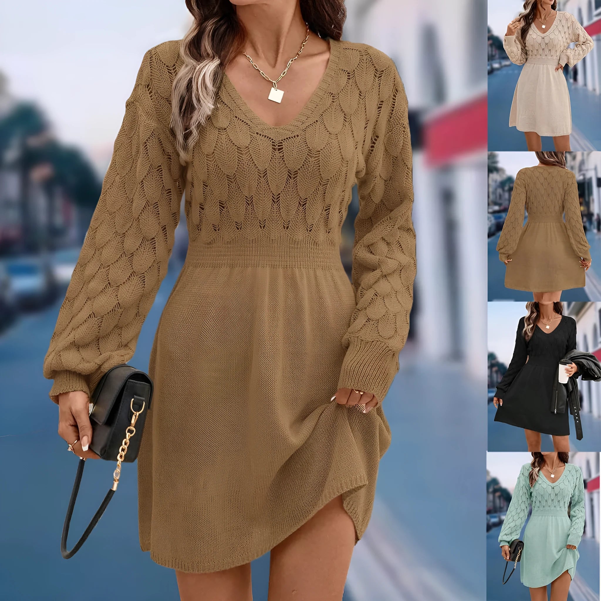 Ethnic style V-neck long sleeve beach dress with high waist and artistic 3D pattern in apricot colour.