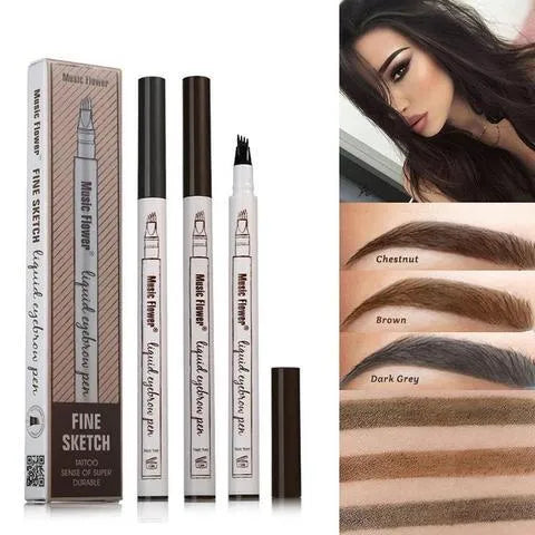 Music Flower waterproof natural eyebrow pen with four-claw fork tip, available in Chestnut, Brown, and Dark Grey