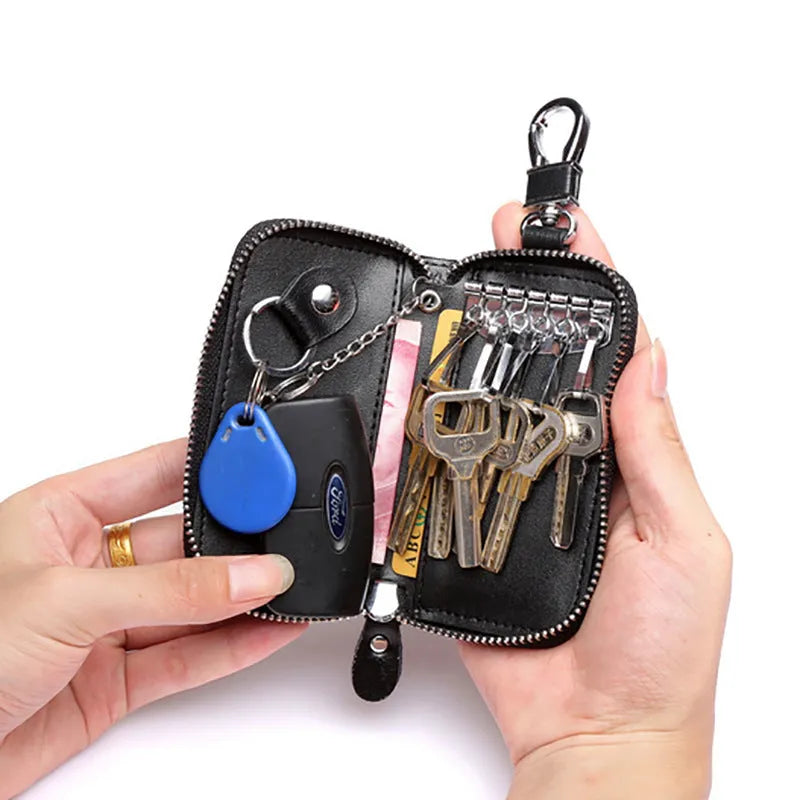 Men's handmade cow split leather zipper key case in solid colour with retro leather pattern