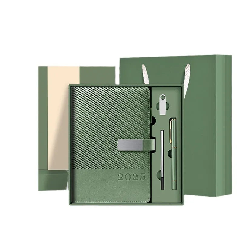 Executive A5 business notepad with striped PU leather cover open showing 80g wood-free paper