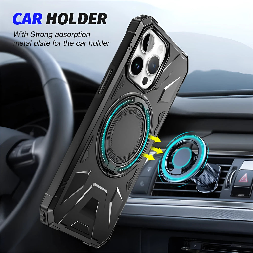 Simple bracket drop-resistant magnetic phone case for iPhone 13-16 series, TPU PC back cover with invisible bracket and magnetic suction, available in black