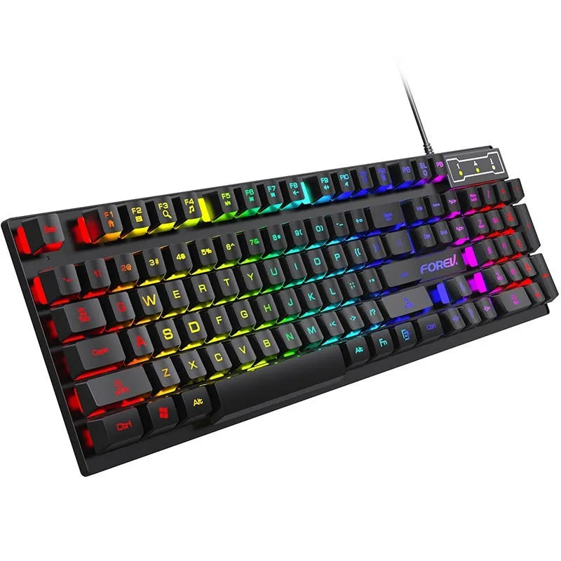 Black portable gaming keyboard with backlit keys and gaming mouse set on desktop