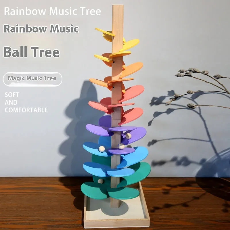Baby educational ball wooden rainbow music tree with 10 colourful beads on wire tracks, 22.5 x 71cm