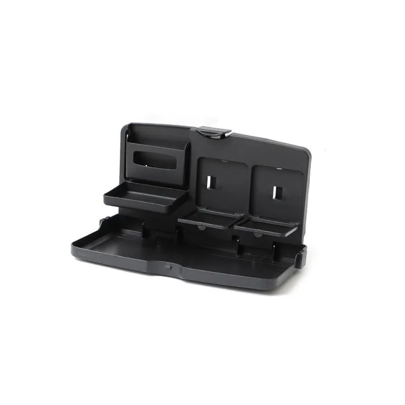 Black ABS car steering wheel laptop stand with foldable drink holder mounted in vehicle