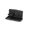 Black ABS car steering wheel laptop stand with foldable drink holder mounted in vehicle