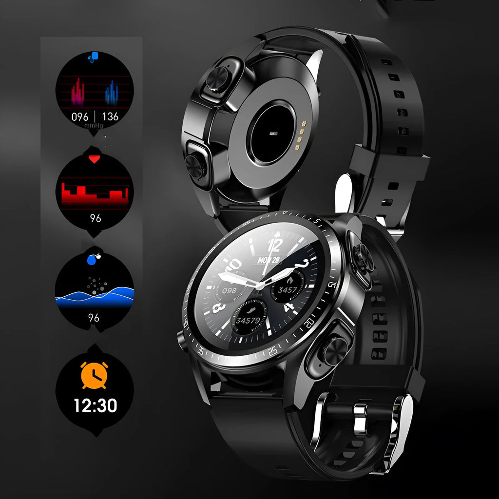 Black smartwatch with blood pressure monitoring on silicone strap showing health metrics on screen
