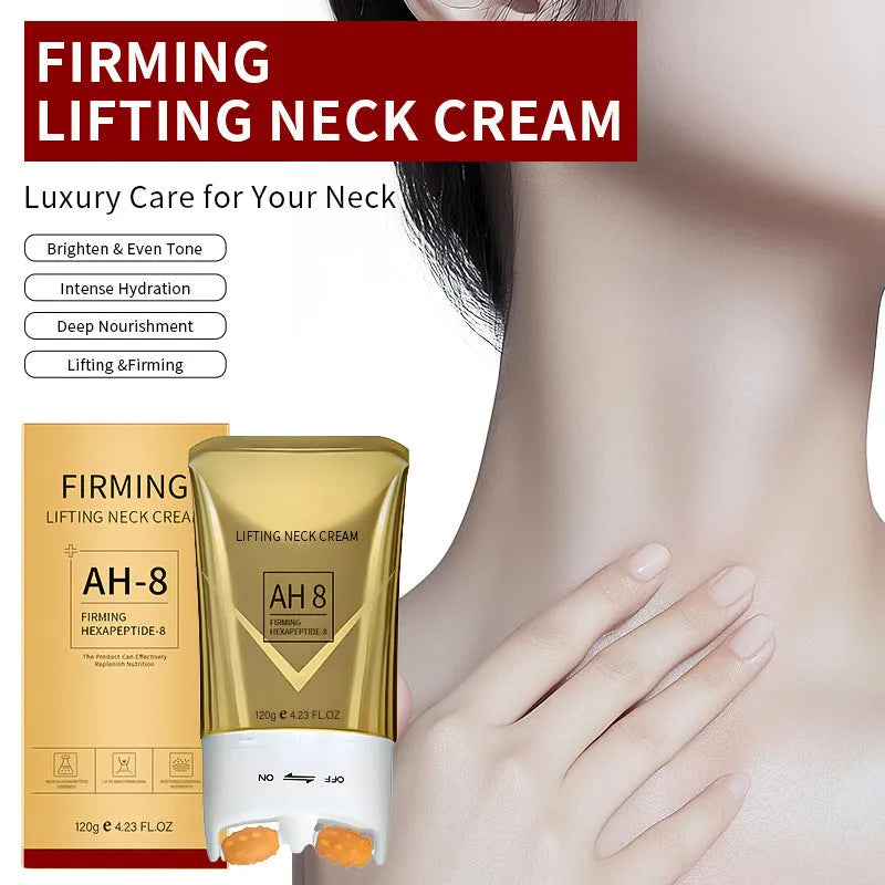 Neck cream tube with roller applicator measuring 8.8x3.5x16.5cm containing 120g wrinkle treatment product