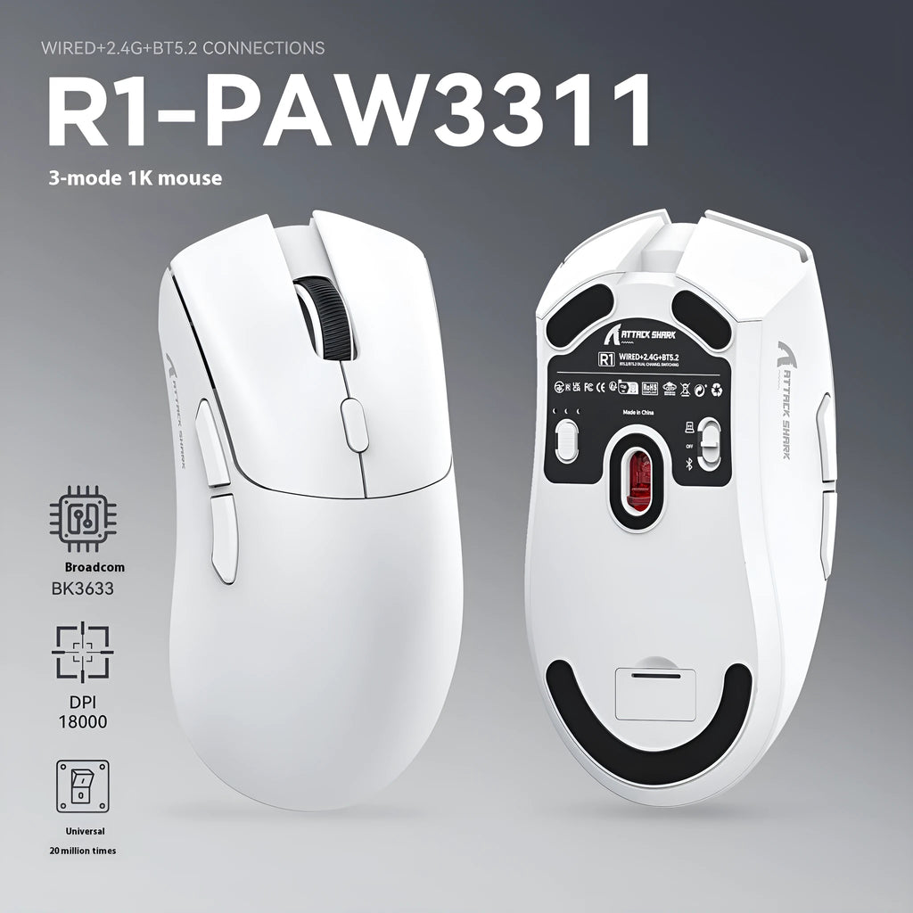 Attack Shark wireless Bluetooth mouse in black, red, or white colours with three-mode connectivity