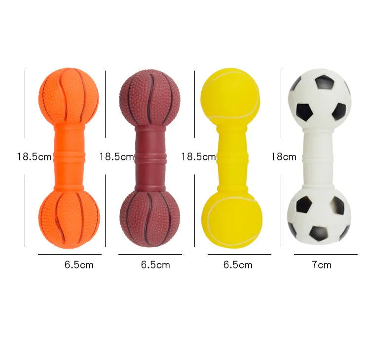 Brown, orange, white, and yellow football dumbbell shaped dog chew toy with squeaker