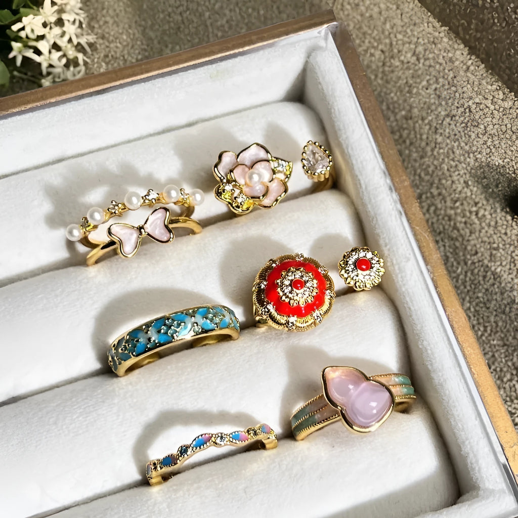 Women's adjustable copper ring with gourd design, flower and bow motifs, and inlaid zircon stones in a vintage oil dripping finish.