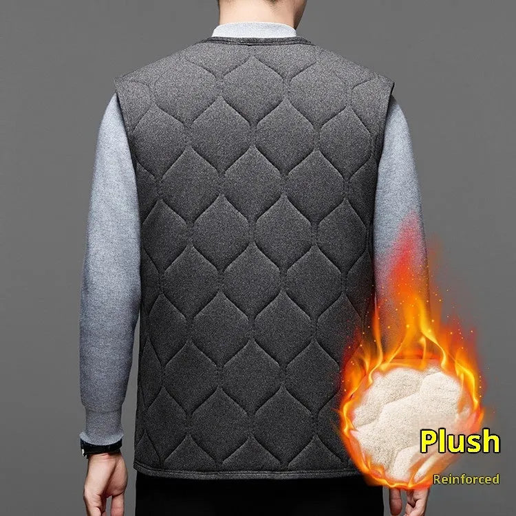 Men's fleece-lined thick cotton blend vest in solid colour cardigan style, black version, size M-4XL