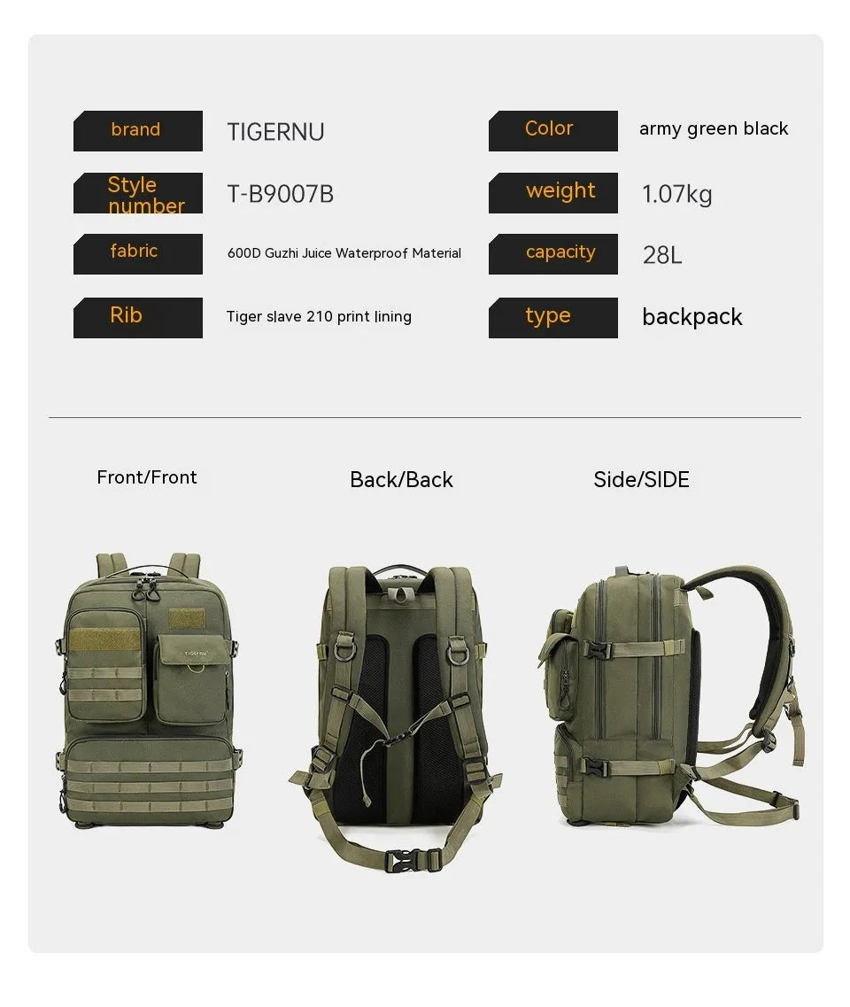 Army green tactical backpack with 17-inch size and breathable back panel