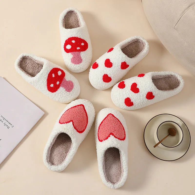 Women's plush home slippers with cartoon love print and non-slip PVC sole