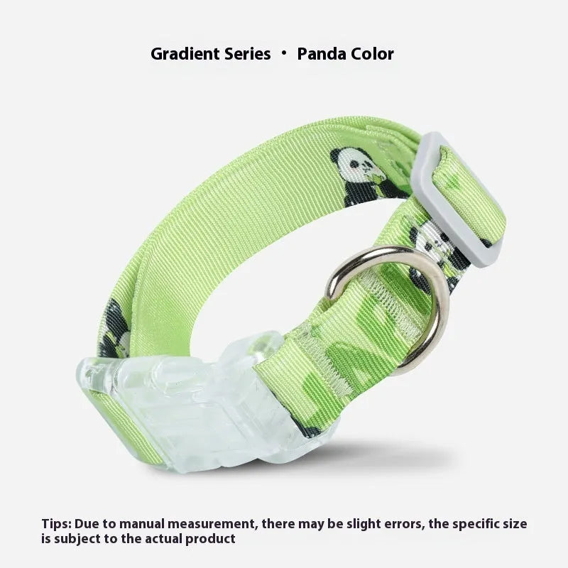 Adjustable nylon dog collar with cartoon gradient printing in gradient colour or panda green, sizes S M L.