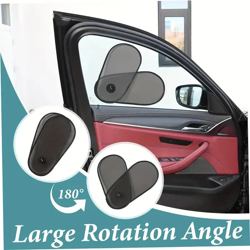 Black stretchy car side window sunshade with suction cups attached to protect a baby from sun.