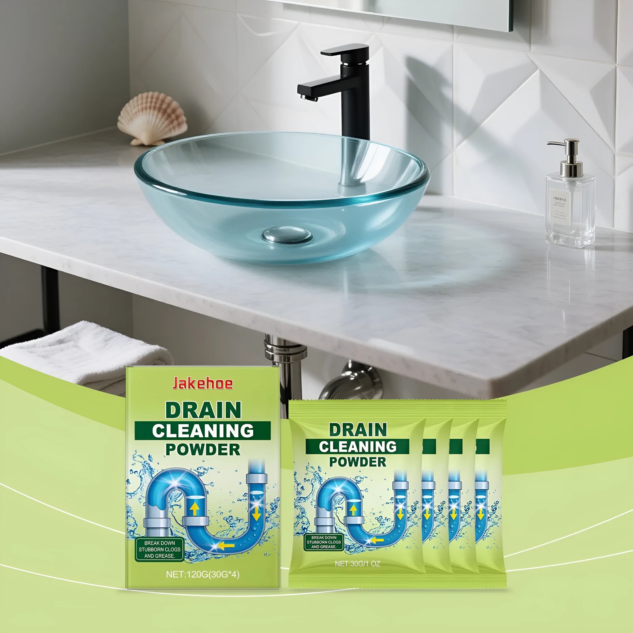 A single 120g packet of white drain unblocking powder for sinks and toilets