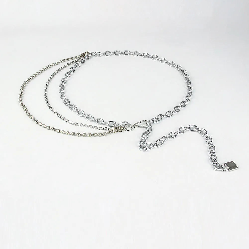 Multilayer alloy waist chain in golden and silver colours with electroplated finish, 70-100 cm adjustable