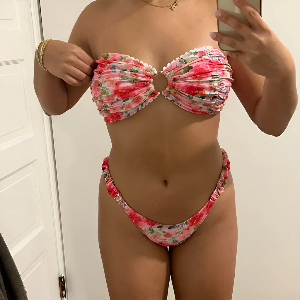 European style floral print tube top bikini set in polyester fabric for swimming