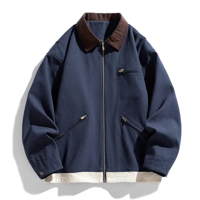 Korean style men's jacket with contrast lapels in polyester fabric with side seam pockets