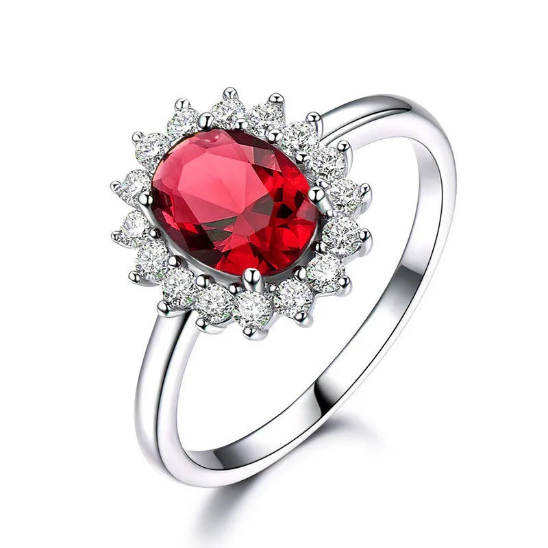 Moissanite women's copper ring with floral zirconium detail in green, sapphire blue, or pomegranate red electroplated finish.