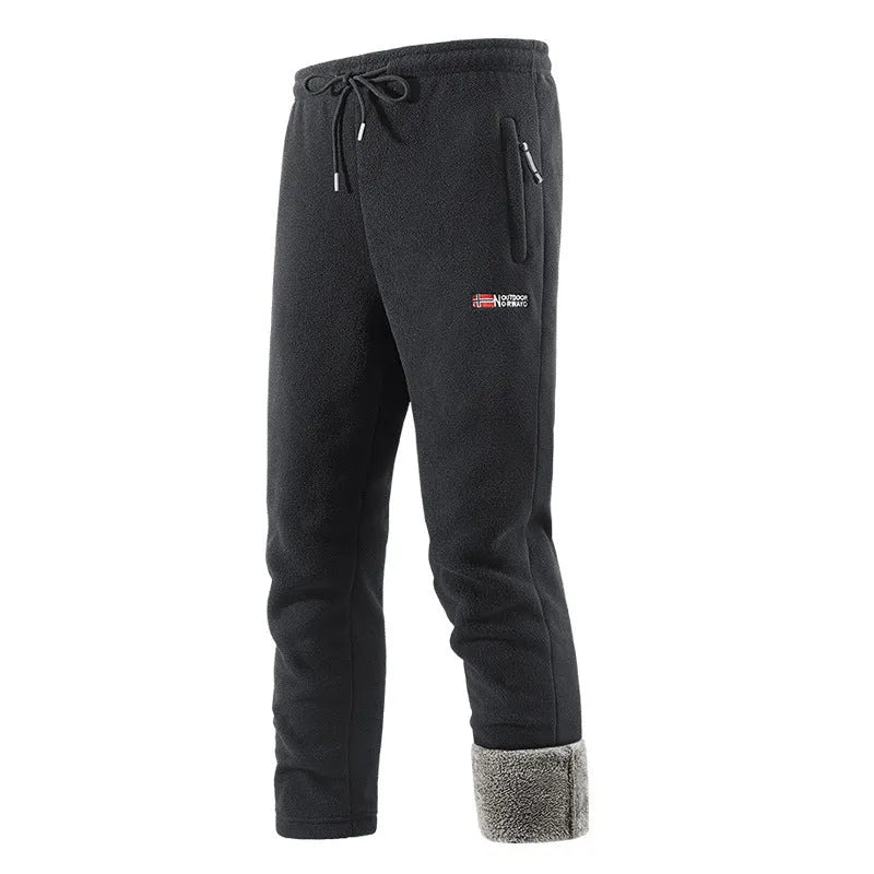 Fleece-lined thickened men's long pants in dark blue with flared low-waist style and patchwork design