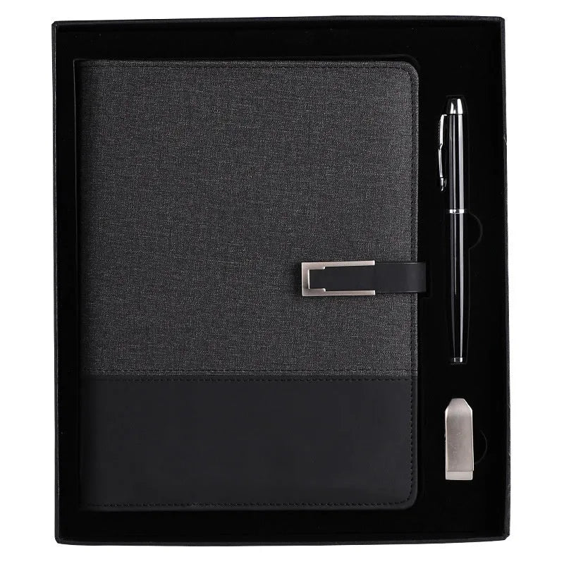 A5 leather notebook in choice of colours with gift box, open to show wood-free paper.