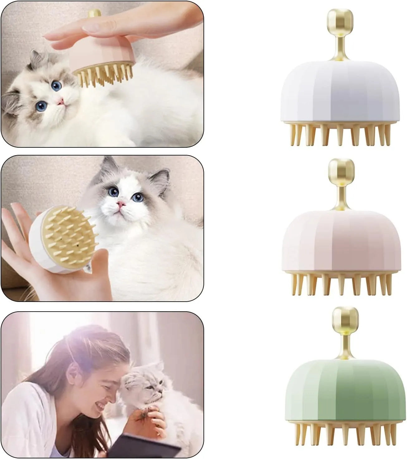 Green pet bath massage brush with drain holes, shown next to a bottle of shampoo for scale.