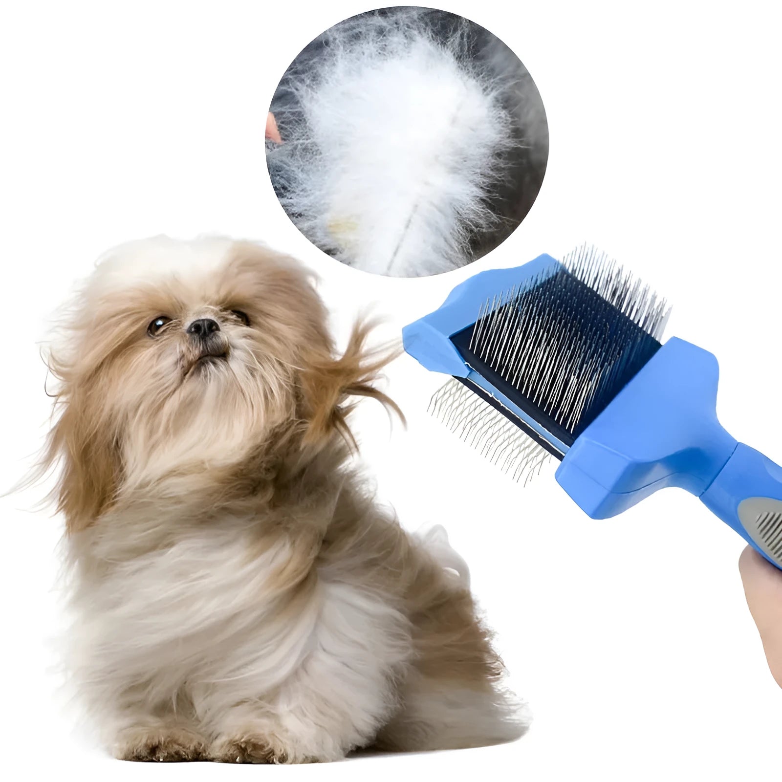 Blue double-sided pet brush with stainless steel pins on a white background, showing both gentle and firm bristle sides.