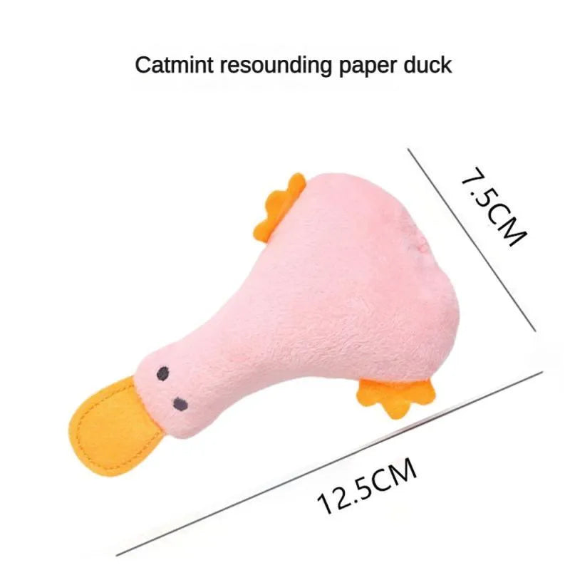 Plush duck dog and cat toy with catnip filling, squeaker, and rattle in blue, pink, yellow, or black