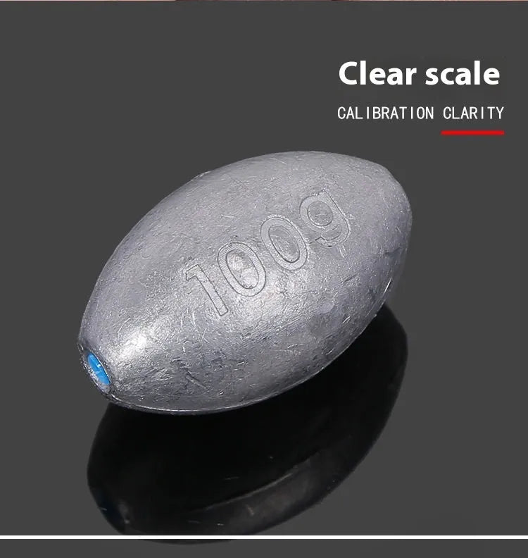Tongxin rugby-shaped olive fishing pendant sinker with scale and plastic core in various weights.