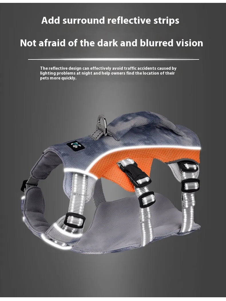 Reflective polyester dog chest strap harness in light blue, shown on a dog