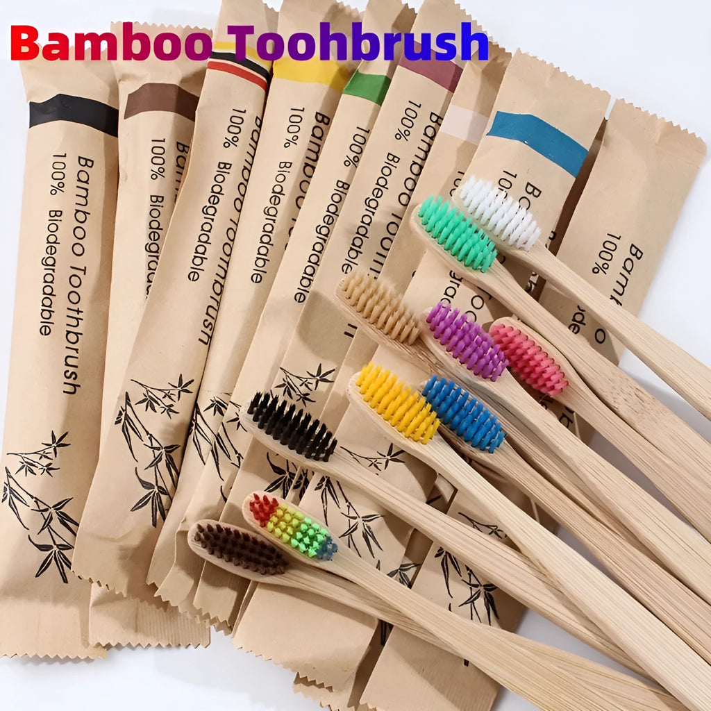 Set of 10 colourful bamboo toothbrushes with charcoal bristles for sustainable dental care