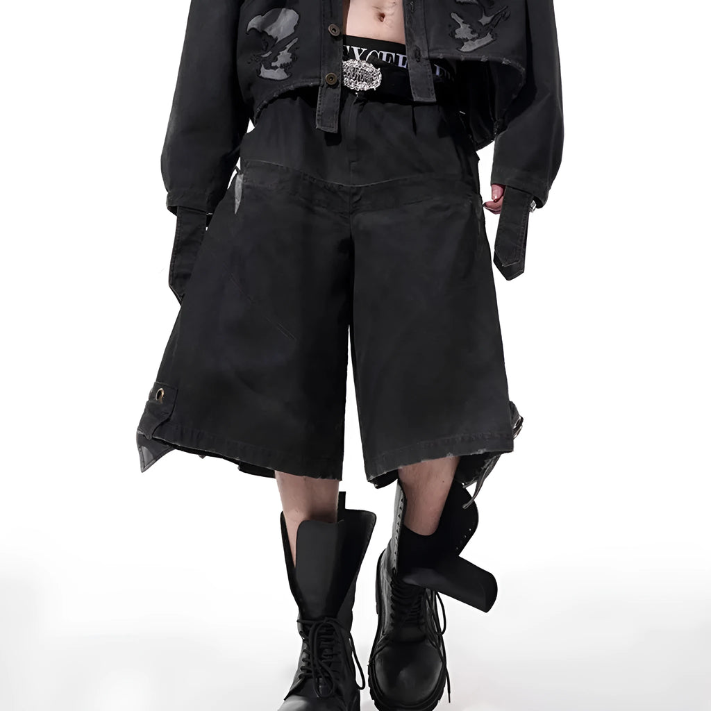 Men's double waist loose cropped black pants with washed stitching, fifth-pants length, mid-high waist, on model