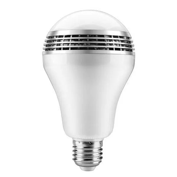 White E27 smart bulb with Bluetooth speaker and LED lights, 100mm diameter.