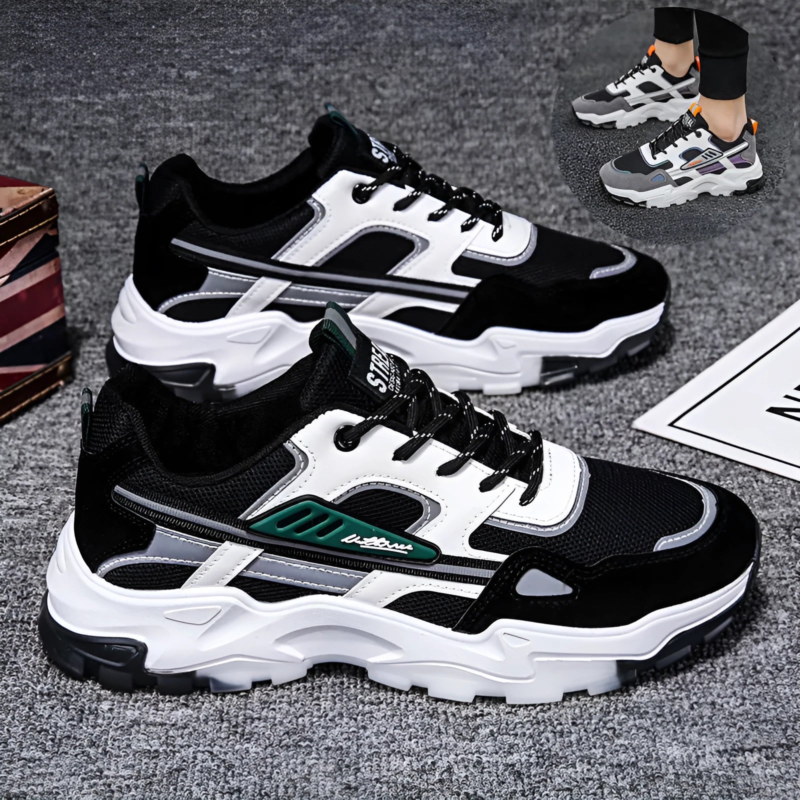 Black and white men's lace-up mesh sneakers with thick rubber sole for outdoor running