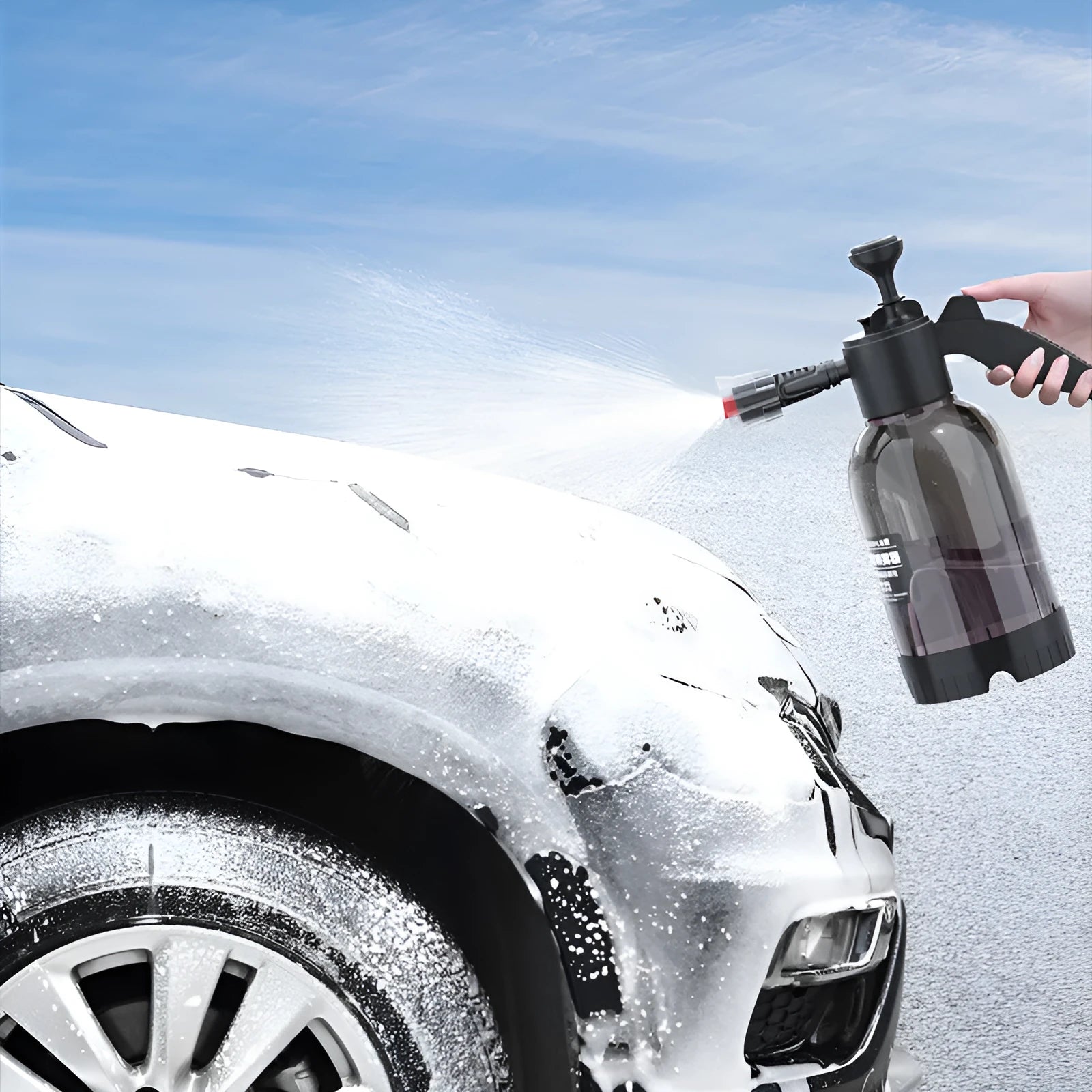 Black hand-held 2L foam sprayer watering can with nozzle, for garden and car washing.
