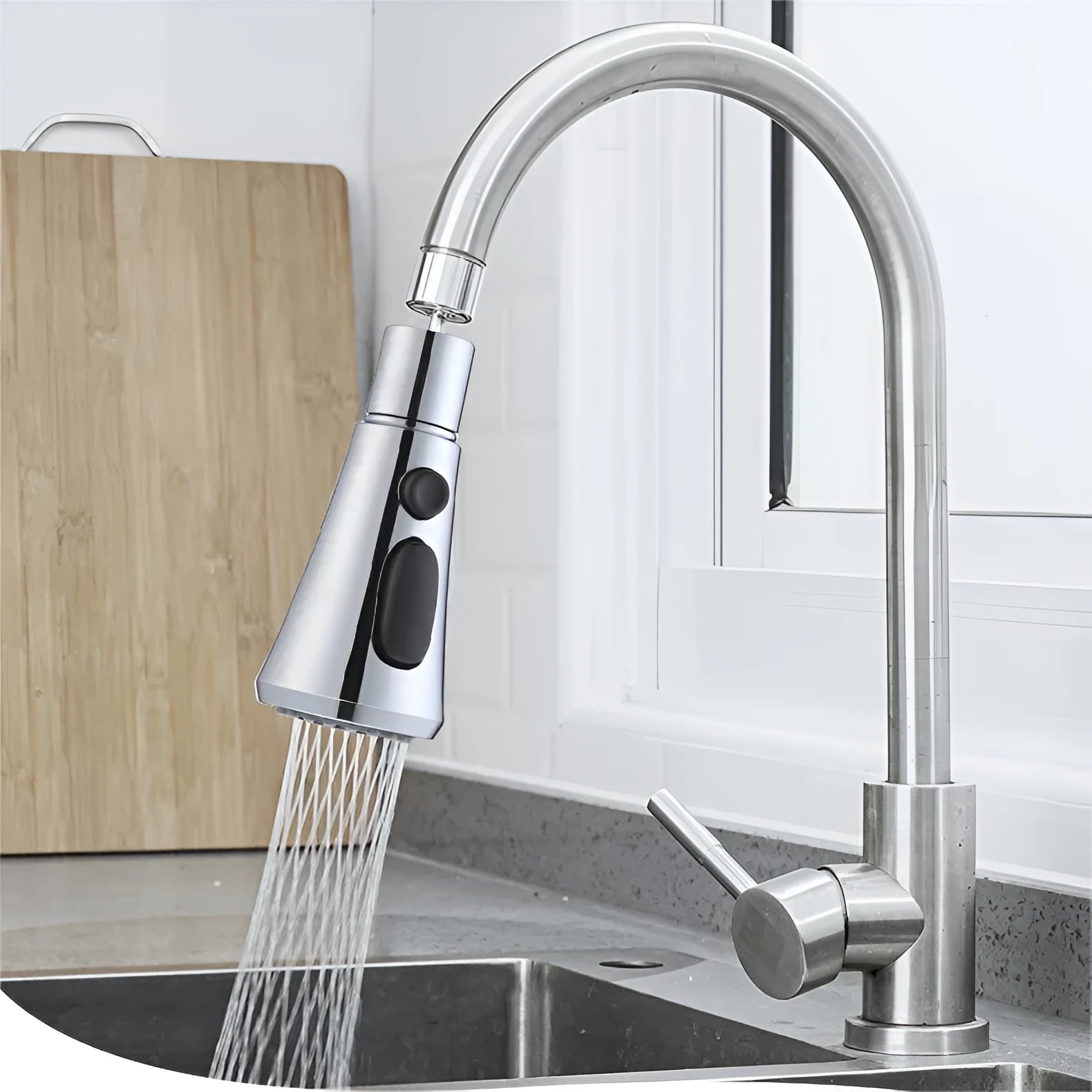 Silver and black kitchen faucet sprayer with three water modes and 360-degree rotation