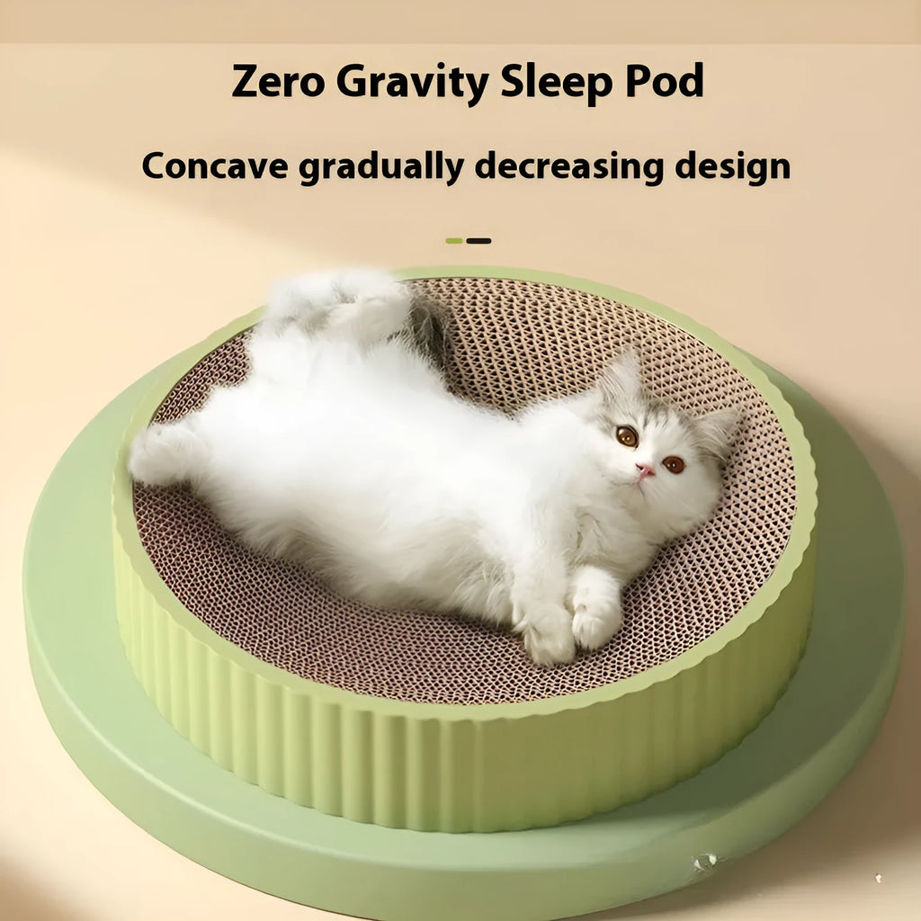 Round green cat scratching board and nest combination with replaceable corrugated cardboard insert