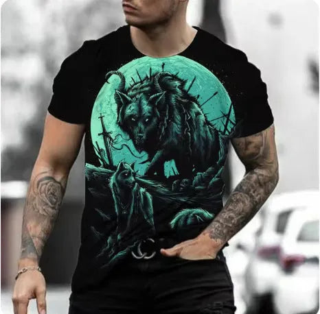Men's short-sleeved T-shirt with a retro style 3D animal graphic print on light blue fabric.