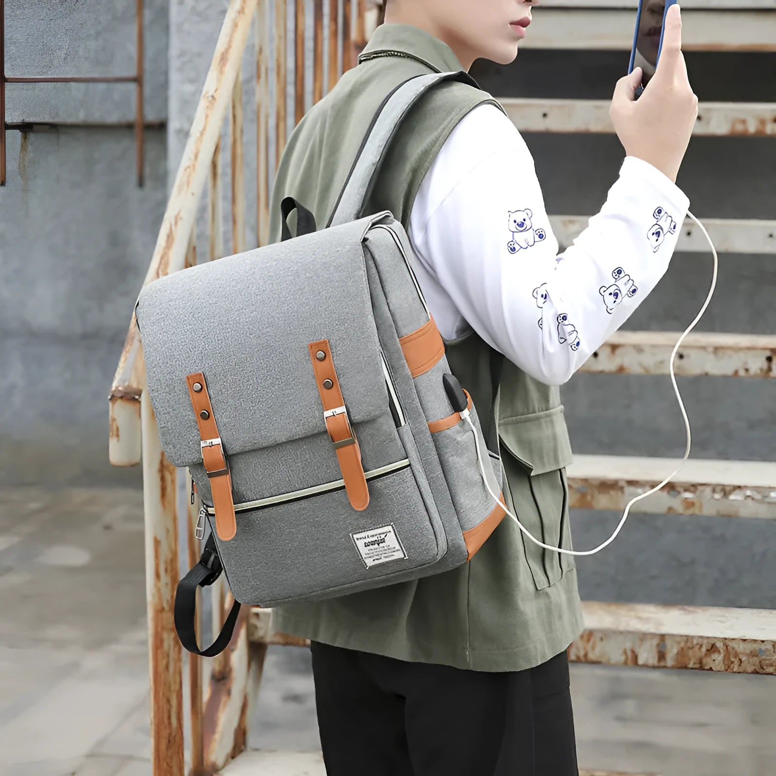 Oxford cloth three-piece business backpack set with curved shoulder straps in black colour