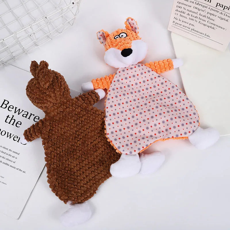 Brown velvet pet stuffed toy with fox elephant design featuring sound paper crinkle elements