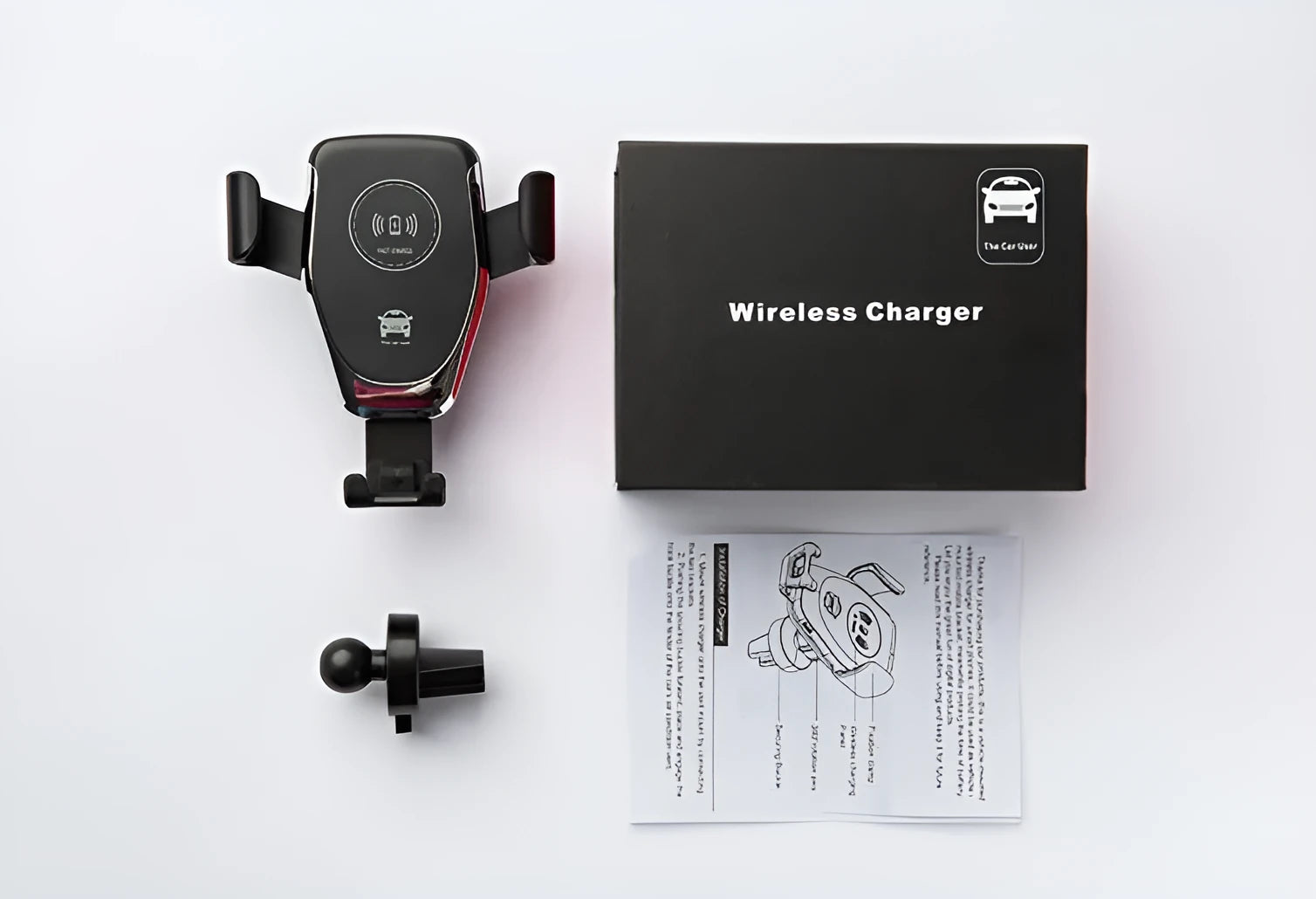 Black car wireless charger mounted on vent with iPhone secured by automatic clamping arms