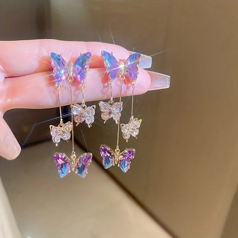 Blue purple butterfly tassel drop earrings with silver needle crystal flowers on electroplated alloy