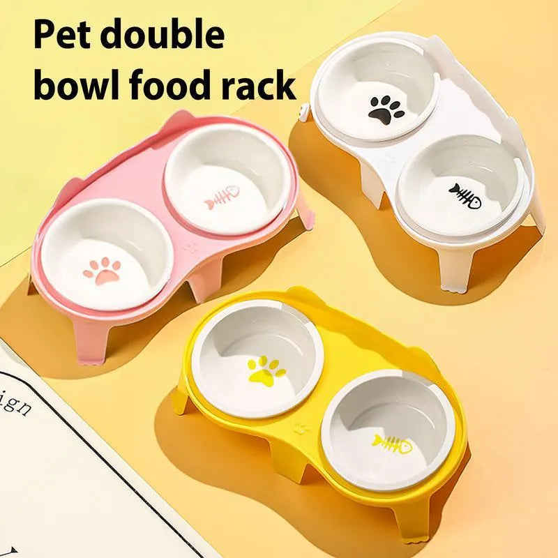 Ceramic cat food and water bowl set on elevated stand with storage hook in blue colour