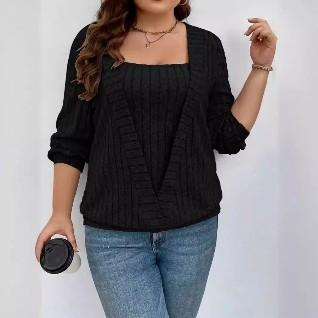Women's solid colour V-neck false two-piece suit dress with long sleeves in rib fabric.